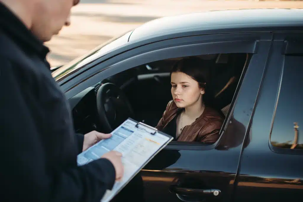 Woman being questioned by police during a traffic stop